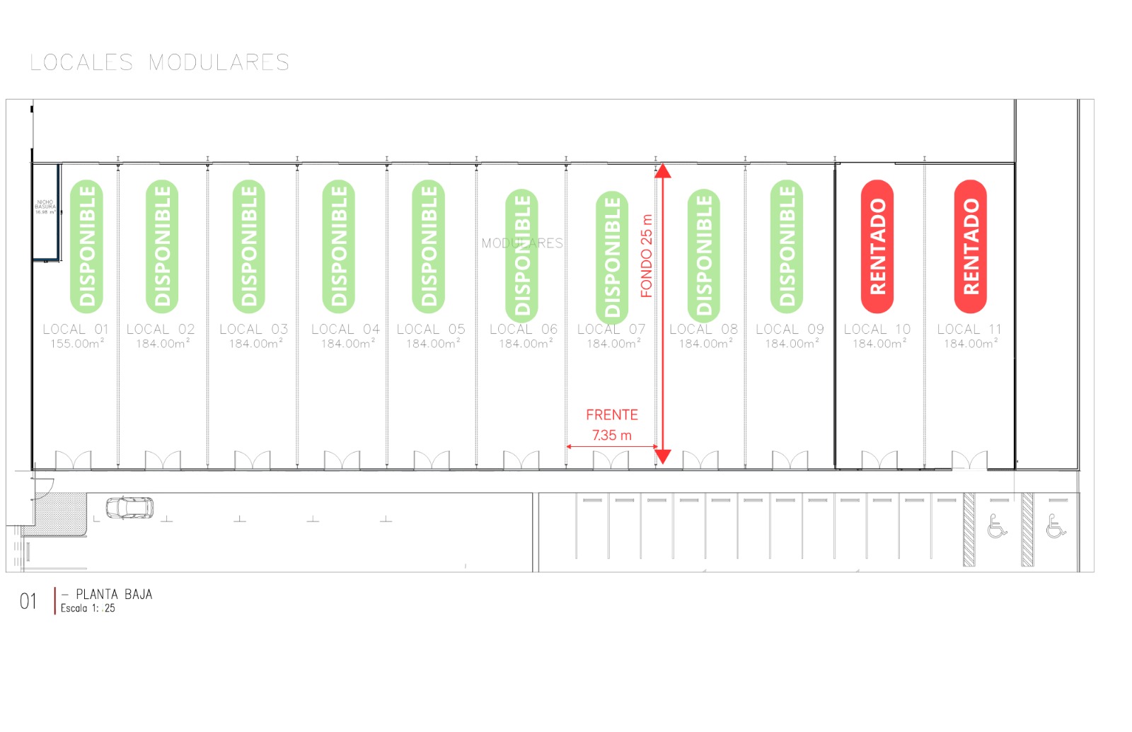 Plano de planta baja de las bodegas flex de Otay Hub: B-01 a B-09 disponibles y las dos últimas rentadas, con frente de 7.35 m y fondo de 25 m